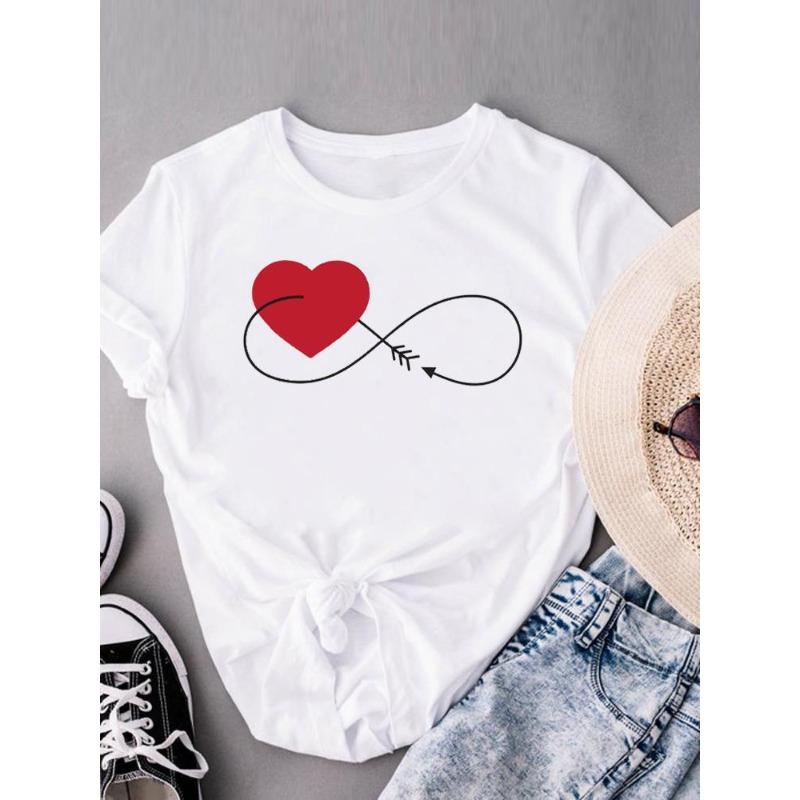 (European Size) Sweet Love Heart Women Tee Top Style Trend Cute Clothing Casual Short Sleeve Fashion Print Lady Tshirt Female Graphic T-shirts