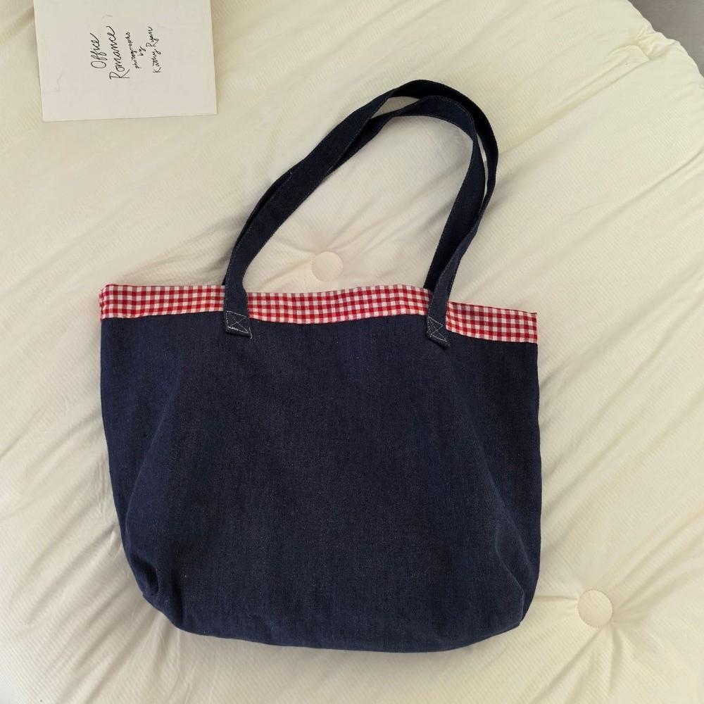Grid Shoulder Bag Korean Style Canvas Tote Bag Soft Denim Handbag  Girls