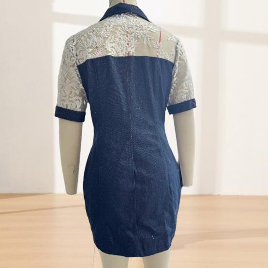 Damen Sexy Durchsichtiges Netz Patchwork Mini Jeanskleid, Kurzarm Knopfleiste Bodycon Kleid, Sexy Party Club Jeanskleid