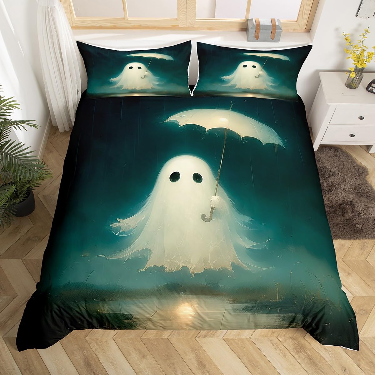

LuCarton Ghost Pink Soft Duvet Cover Quen King Hapy Halowen Theme Beding Lovely Pet Animal Kiten Comfortable Quilt Cover featuring 2 Pilowcases 100*200cm Single