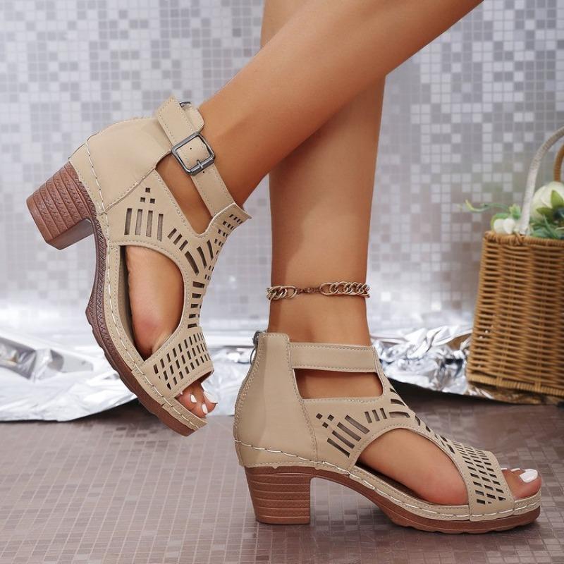 Large Size Women's Shoes Summer New Thick Heels High Heels Hollow Fish Mouth Sandals Women