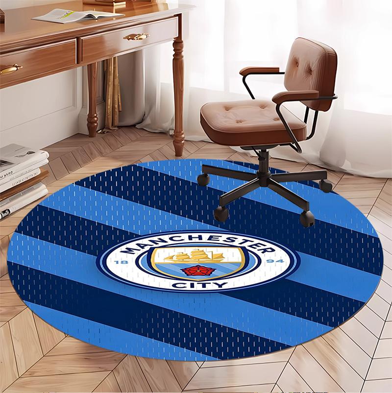 Manchester City FC Pattern Round Rug, Indoor/Outdoor Mat, for Picnic, Gameroom, Bedroom, Office, Living Room, Home Decor Carpet, Birthday Gift