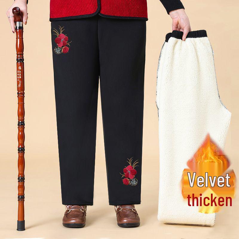 Women's Winter Embroidered Floral Cotton Pants, Loose Fit, Elastic Waist, for Middle-Aged & Elderly, Plus Velvet, Straight-Leg.