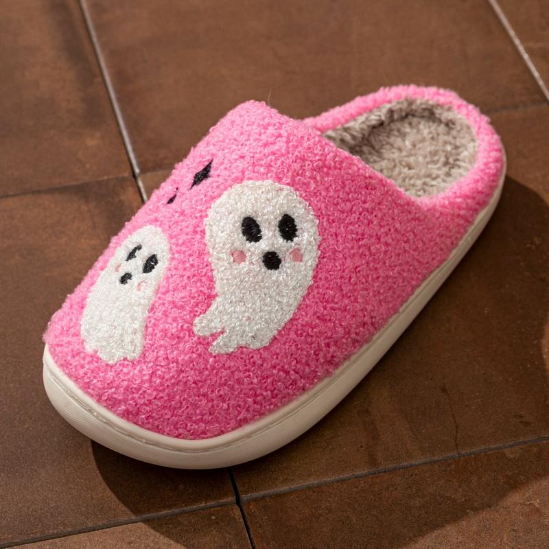 Halloween Women's Slippers Winter Pink Ghost Indoor Cartoon Comfort Home Bedroom Soft Causal Flat Plush Shoes for Gift