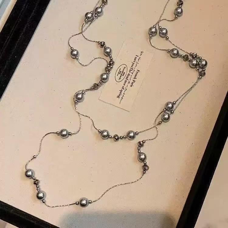 

Женское серое жемчужное ожерелье с гипсофилой - Роскошный многослойный аксессуар-цепочка для свитера