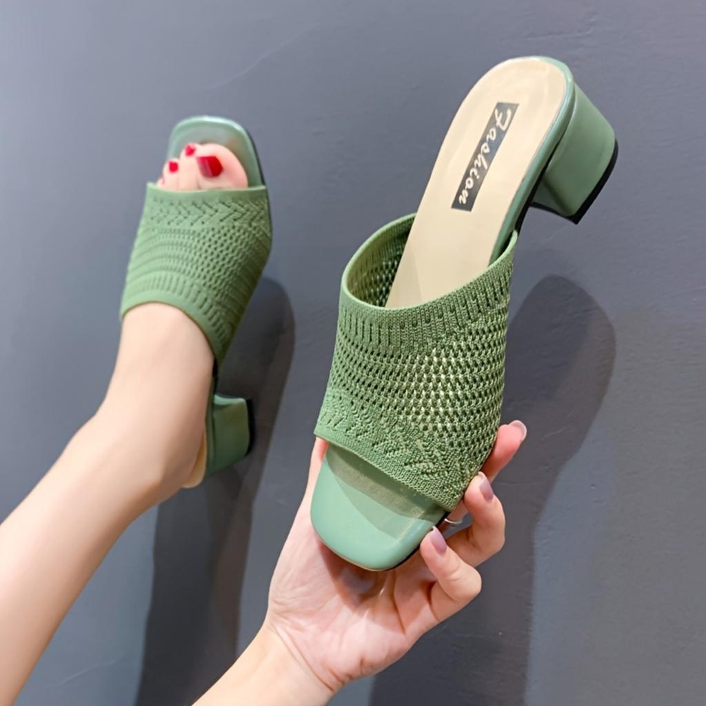 Ladies' Summer Elegant and Fashionable Knitted One Step Kick Middle Heel Breathable Thick Bottom Open Toe Slope Heel Sandals
