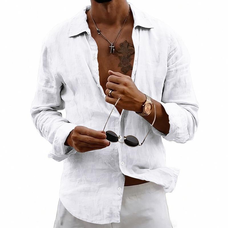 Men's Long Sleeve Cardigan Loose Casual Solid Button-Down Collar Shirt.