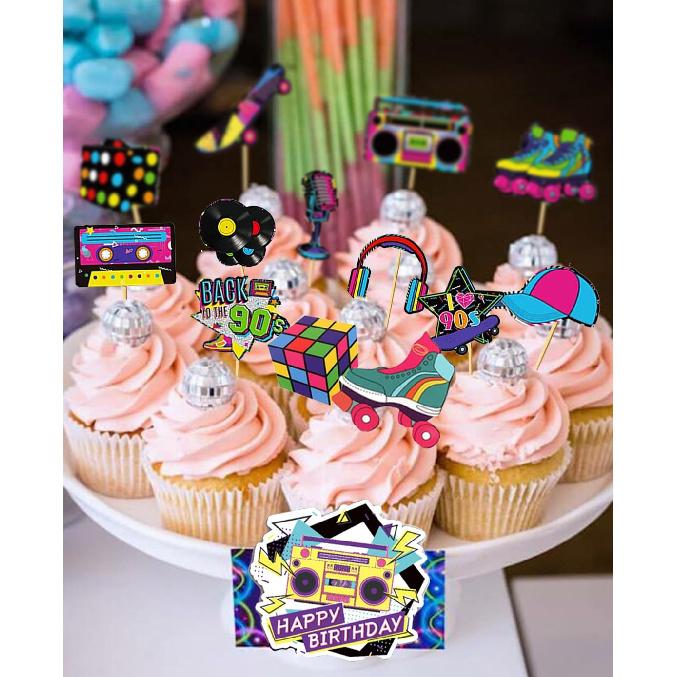 80s 90s Cake Toppers 40 PCS Roller Skate Cake Toppers 80s 90s Cupcake Toppers Retro Hip Hop Cake Decor 80s 90s Retro Party Decorations Supplies