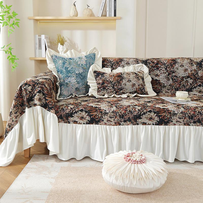 Sofa Towel Skirt Cream Breeze Anti Cat Scratch Sofa Cover Blue Floral Jacquard Thickened Sofa Cushion