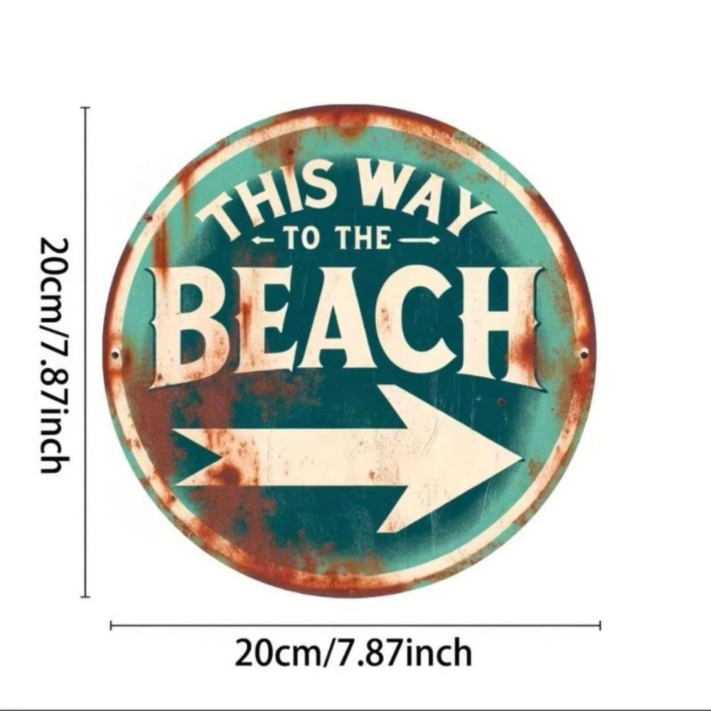 Vintage Beach Metal Wall Art Round 8x8 Inch Aluminum Sign Teal Red Rustic Home Decor