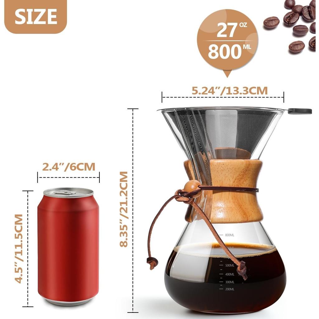 Pour Over Coffee Maker 27 OZ, 8 Cup Borosilicate Glass Drip Coffee Maker with Reusable Stainless Steel Filter and Cork Grip for Home Café 800 ML