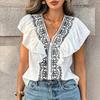 Women V Neck Ruffle Sleeve Blouse with Button Down Front and Embroidered Floral Pattern Style Short Sleeve Top for Daily Wear