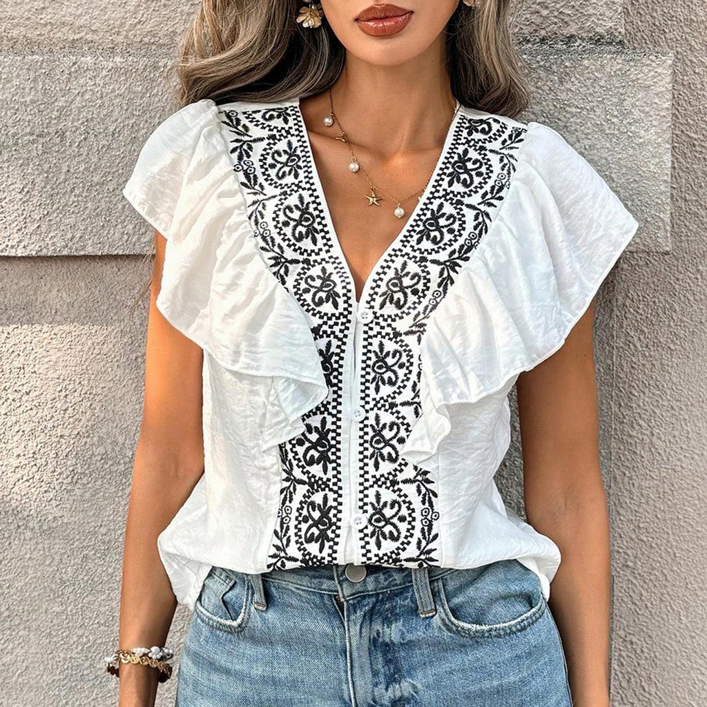 Women V Neck Ruffle Sleeve Blouse with Button Down Front and Embroidered Floral Pattern Style Short Sleeve Top for Daily Wear