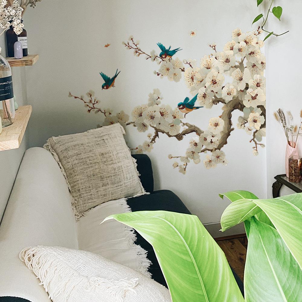 Creative Pear Blossom Branches and Little Bird Background Decorative Wall Stickers for The Living Room and Study