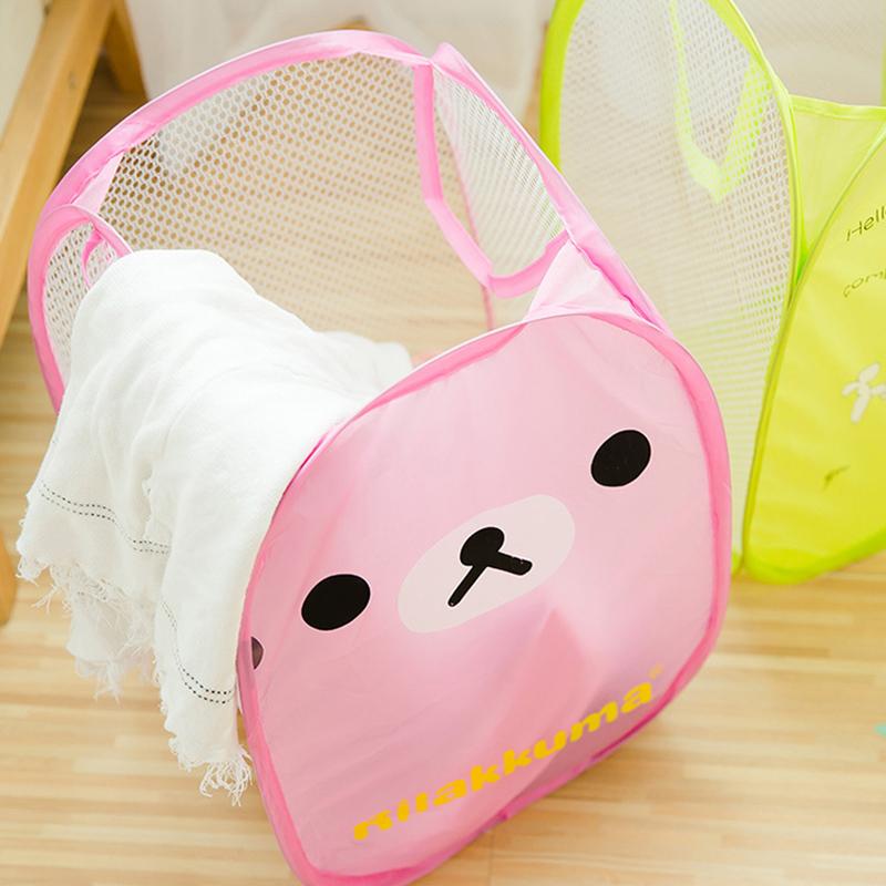 Cartoon Printed Foldable Laundry Basket Nylon Mesh Dirty Clothes Hamper Simple Modern Fabric Storage Bin for Home Organization