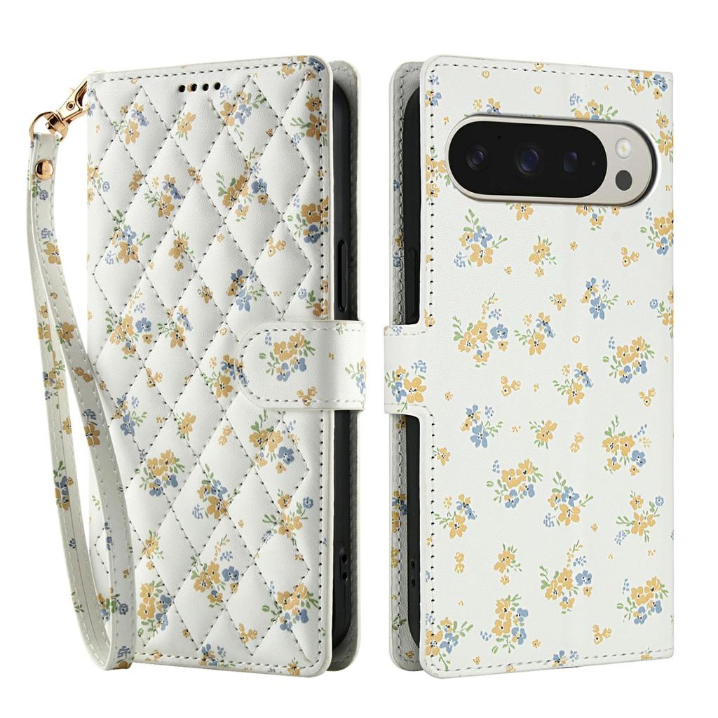 For Google Pixel 10 Pro XL/9 Pro XL Wallet Case Rhombic Floral Design Leather Flip Phone Cover with Strap