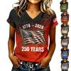 Women's Casual V Neck Short Sleeve T Shirt 250 Years Letter Print Top 1776 2026 American Flag Sleeve Detail Summer Tee