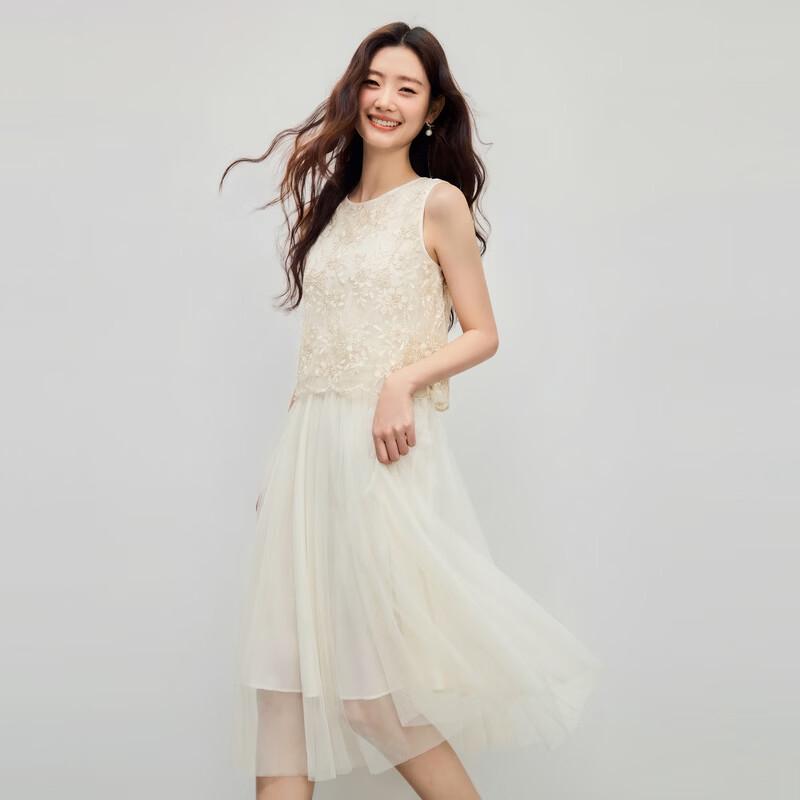 Faux Two-Piece Lace Mesh Sleeveless Dress M