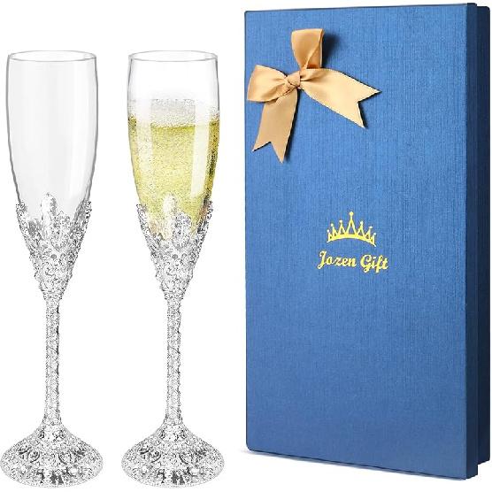 Champagne Flutes-Set of 2 Champagne glasses, Crystal Glasses&Metal Base, Toasting Flute Pair, Wedding Anniversary, Party,Birthday,Banquets,Gifts for