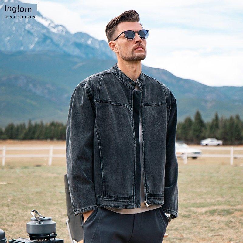 

Yingjuelun American-Style Washed Vintage Denim Jacket for Men, Autumn and Winter Trendy Retro Stand-Up Collar Loose Casual Black Jacket Black 2XL