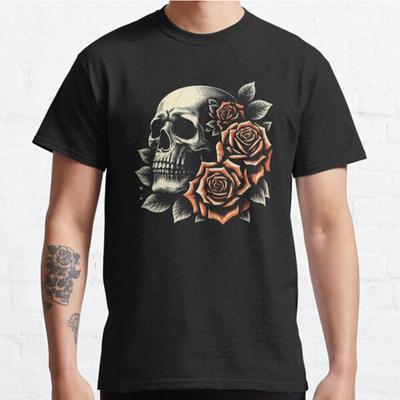 Herr Mode Casual Kortärmade Toppar med Döskalle och Rosor, Sliten Estetisk Vintage Oversized T-shirts