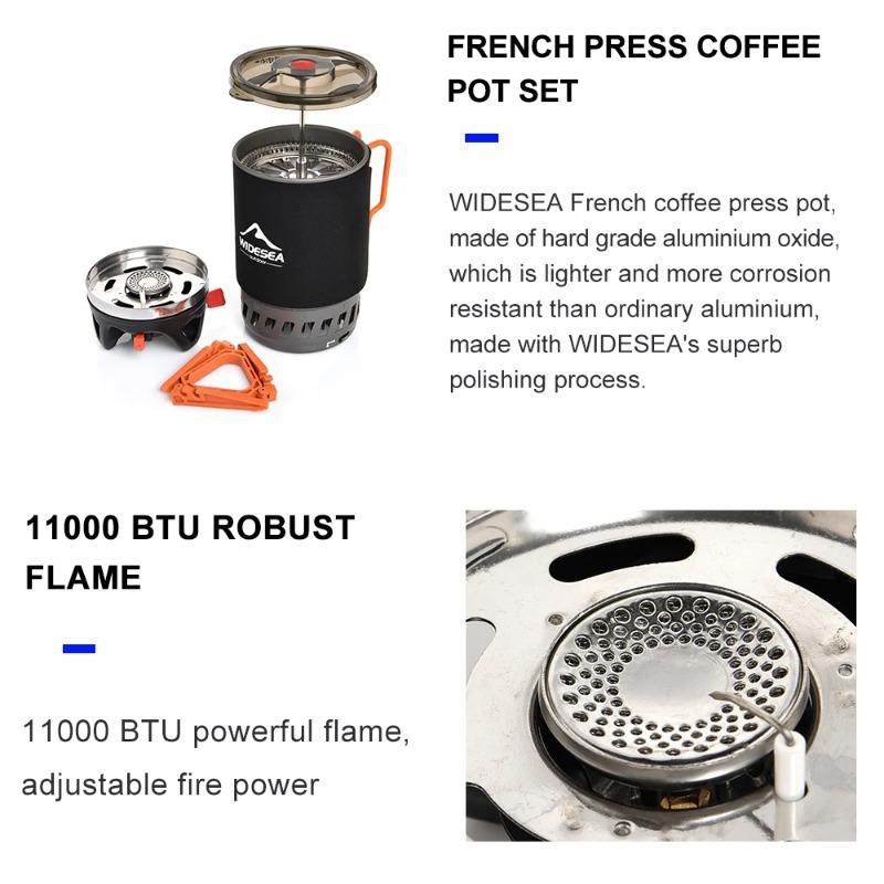 Set Caffettiera Portatile da Campeggio Widesea French Press Caffettiera 0.9L Fornello a Gas 1100BTU con Coperchio Antiscottatura per Esterno Hi