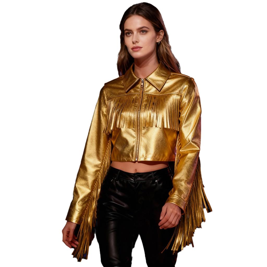 Women's Dance Birthday Party Jacket S-3XL: Tassels Metallic Glossy Turn-Down Collar Long Sleeve Zipper Fringe Shiny Design