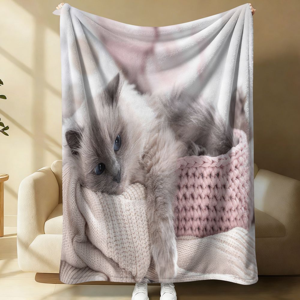 Cute Kitten Flannel Blanket Soft Plush Throw Blanket for Bed Sofa Cozy Pastel Knit Pet Pattern Gift Blanket Home Decor 75X95CM