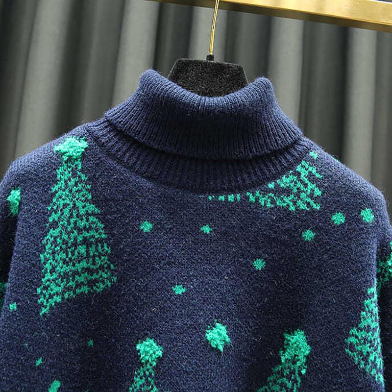 Christmas Red Turtleneck Sweater Women's Autumn Winter Vintage Casual Loose Pullovers Long Sleeve Christmas Tree Knitted Tops