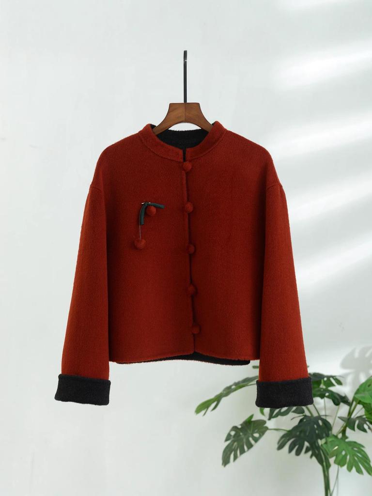 2025 Chinese Style Double-Sided Wool Coat for Women - Short, Elegant, Modern Design for Petite Frames