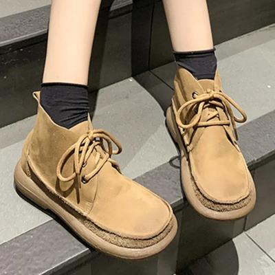 2025 Hot Sale Shoes for Women Lace Up Women's Boots Winter Round Toe Solid Flock Naked Boots Low-heeled Concise Boots