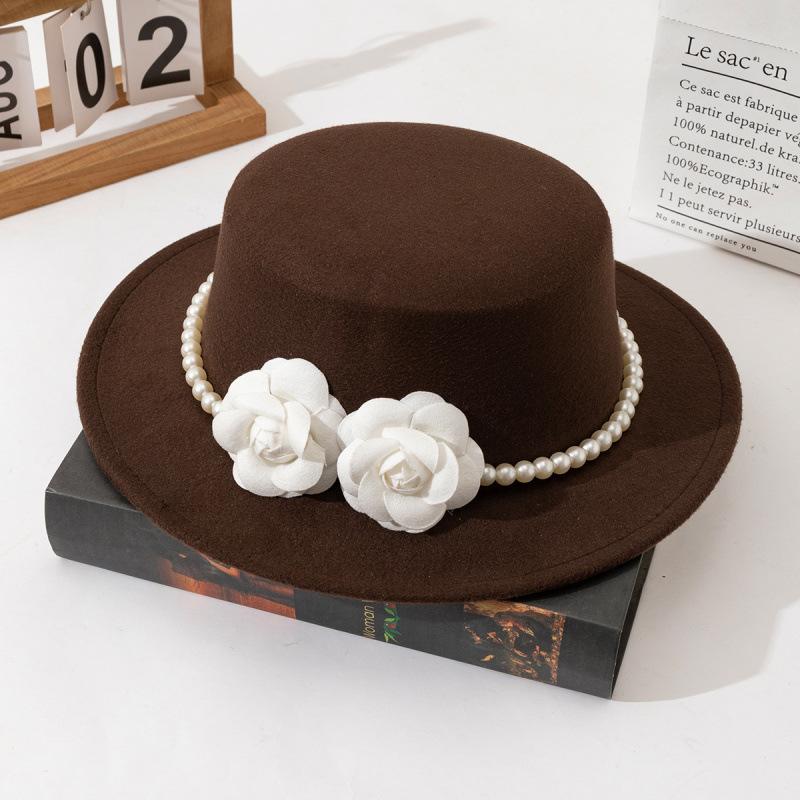 New Bridal Hat French Black Big Edge Top Hat Elegant Retro Hepburn British Flat Top Pearl Big Edge Hat Tide