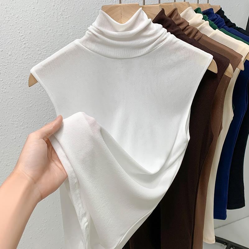 Women's Spring Solid-Color High-Neck T-Shirt with Tulle Lining, Fitted Sleeveless Top