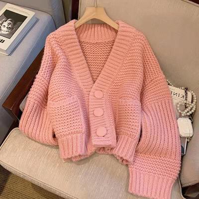 Cardigan Sweater Spring 2023 Pink Fried Dough Twists V-neck Sweater Coat Women Lazy Versatile Short Knitted Cardigan Female