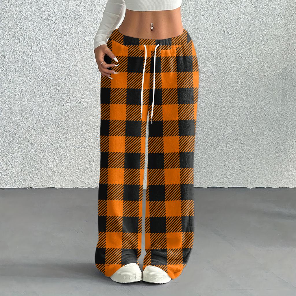 Women's Casual Fashion Printed Elastic Waist Loose Straight Leg Pants With Rope