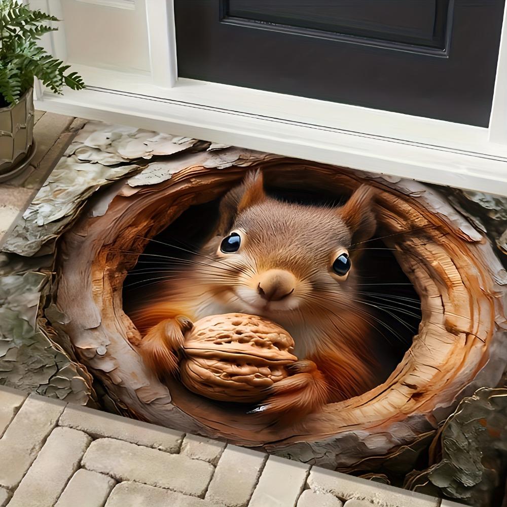 Cute Autumn Squirrel Tree Hole Print Entrance Doormat Non Slip Washable Bath Rug Decorative Bedroom Floor Carpet 1PC
