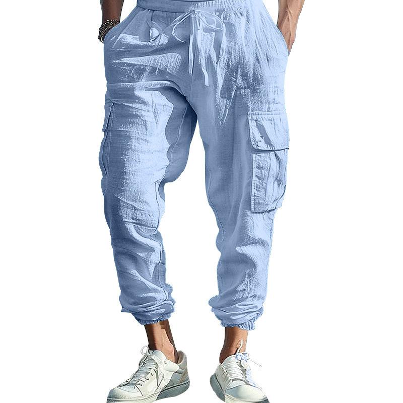 Autumn Cotton and Linen Men's Casual Trousers Tying Feet Multi-pocket Tether Solid Color Loose Work Pants