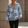 V Neck Long Sleeve Flower Pattern Knit Cardigan Sweater