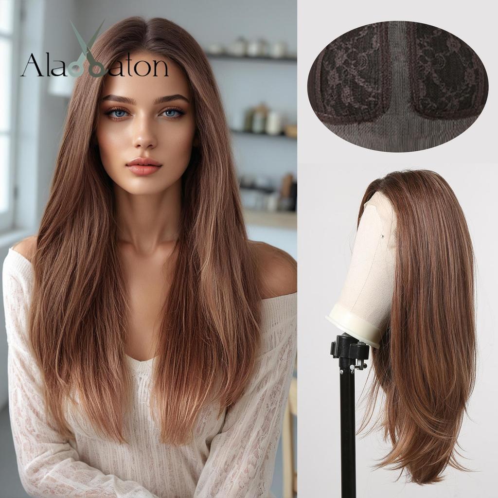 ALAN EATON 13x4x1 Lace Synthetic Wigs Wavy Orange Brown Wig Baby Hair for Black Women Natural High Density 24 inch