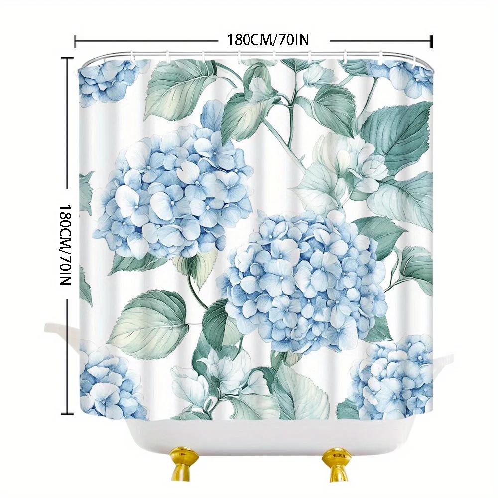 Blue Hydrangea Green Leaves Shower Curtain Realistic Watercolor Design Soft Polyester Easy Install 12 Hooks Elegant Bath Decor