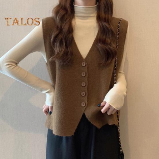 Jesień Zima Damska Kamizelka Dekolt w Serek Zapinana Na Guziki Jednolity Kolor Luźna Dzianina Gruba Utrzymuje Ciepło Bez Rękawów Luźny Sweter Top