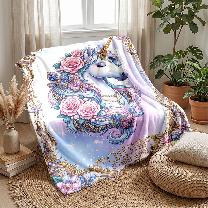 Ornate Unicorn with Flowers Theme blanket Lightweight Warm Flannel Blanket Decorative Throw Blanket for Home Decoration