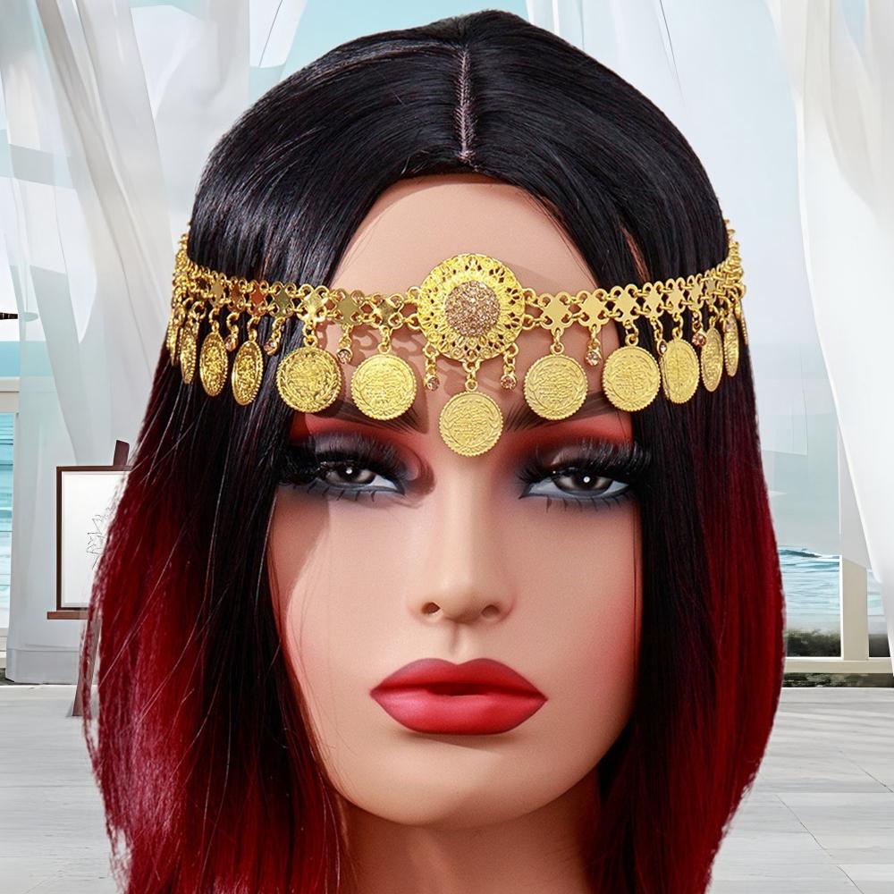 Indische Braut-Kopfkette Goldfarbene Legierung Strass Kristall Blume Münze Quaste Stirnband Kopfschmuck Damen Hochzeitsaccessoires