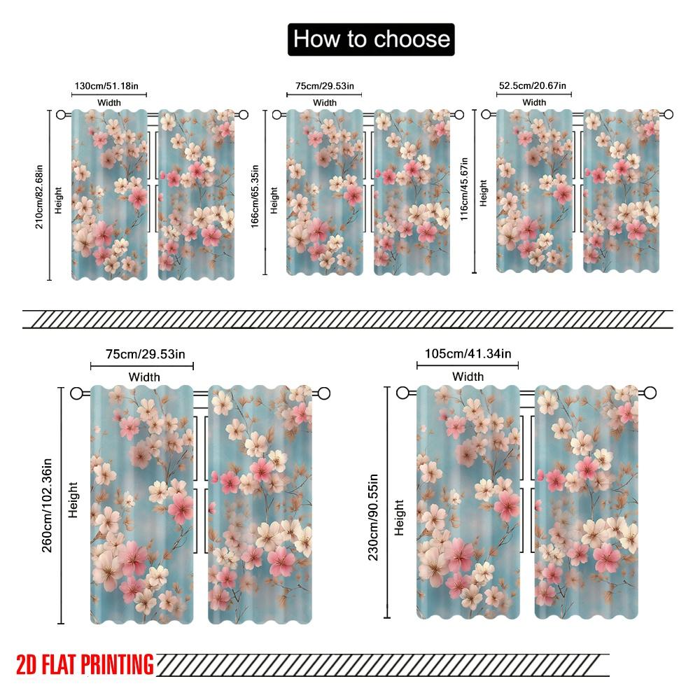 2pcs,2D plane printing Curtains Digital Printed Cherry Blossoms on Blue Versatile Durable Polyester (without rod) Festive