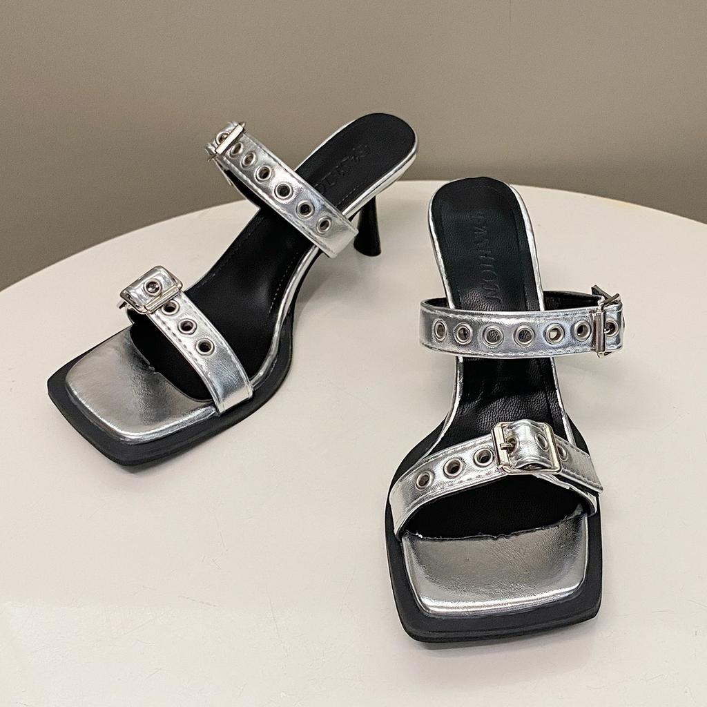 2024 Summer New Buckle Sandals Women's Sexy Line with Thin Heels Open Toe Slippers Fashion All-matching High Heels