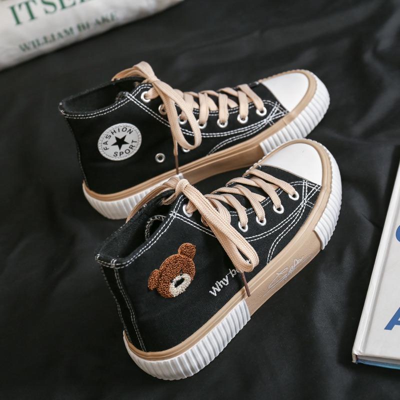 Spring new bear high-top canvas shoes female student casual shoes single shoes white shoes female