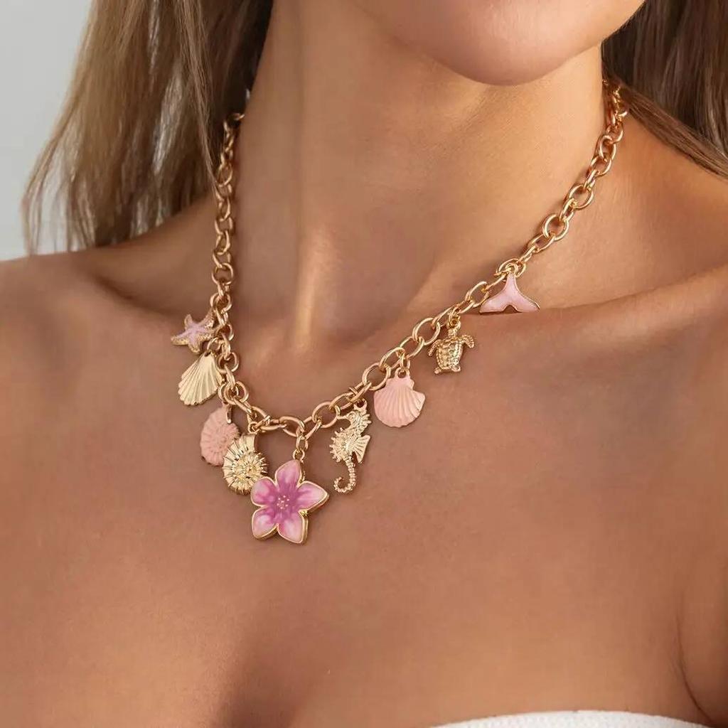 Salircon Sweet Romantic Starfish Shell Pink Flower Pendant Choker Necklace for Women Summer Beach Charm Aesthetics Jewelry Gift