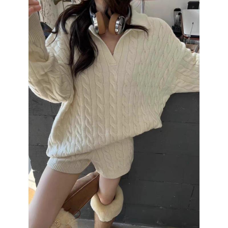 Elegant Fashion Autumn Winter Pullover Women Sweater Knitted Shorts 2 Two Piece Sets Loose Office Outfits Lapel Casual Long Sleeve Tops