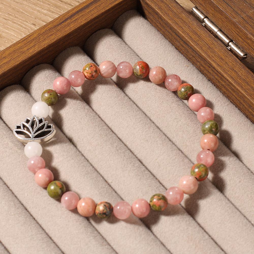 Rose Quartz Unakite And White Jade Beaded Bracelet With Silver Lotus Charm Serene Fashion Jewelry For Men Women Daily Wear Simple Versatile Accessory