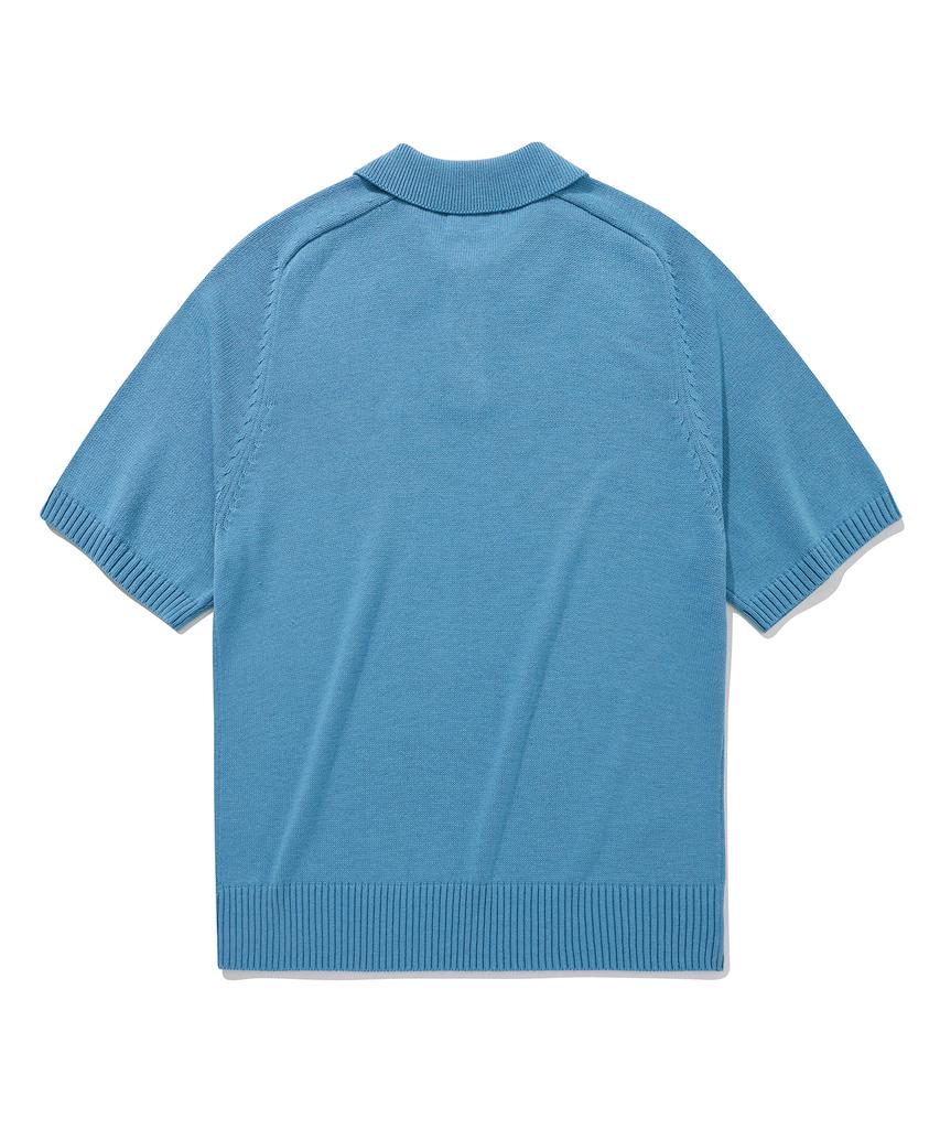 FALLETT Cotton Yarn Collared Short Sleeve Knit Blue